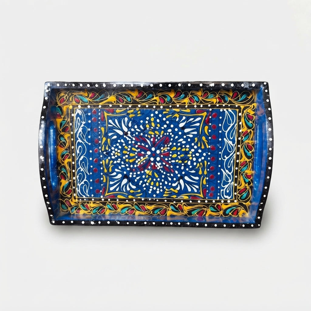 Royal Blue Swati Wooden Tray - 8x12 Inch Hand-Painted Starburst Tray