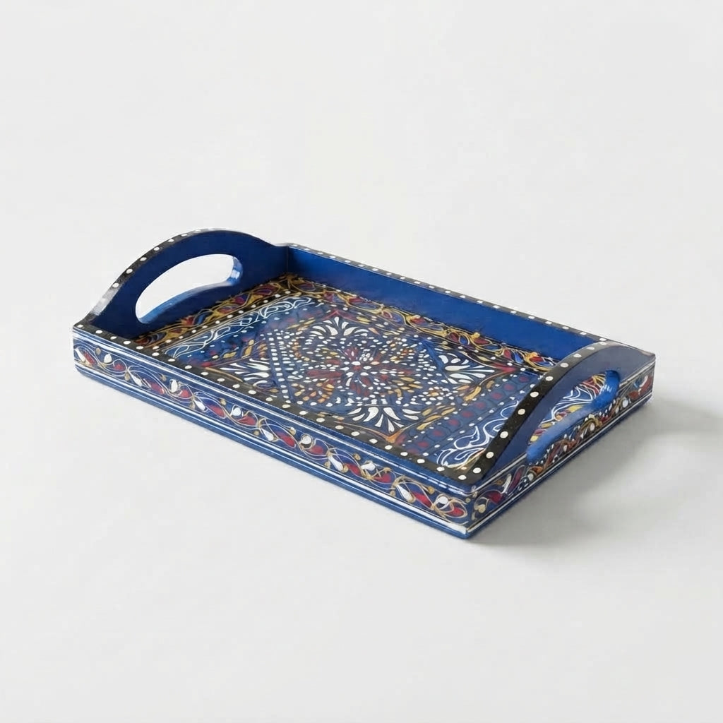 Royal Blue Swati Wooden Tray - 8x12 Inch Hand-Painted Starburst Tray