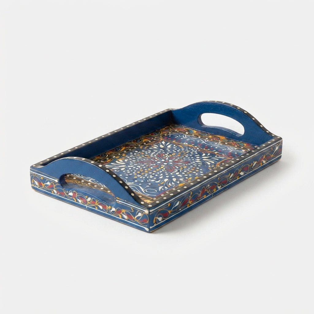 Royal Blue Swati Wooden Tray - 8x12 Inch Hand-Painted Starburst Tray