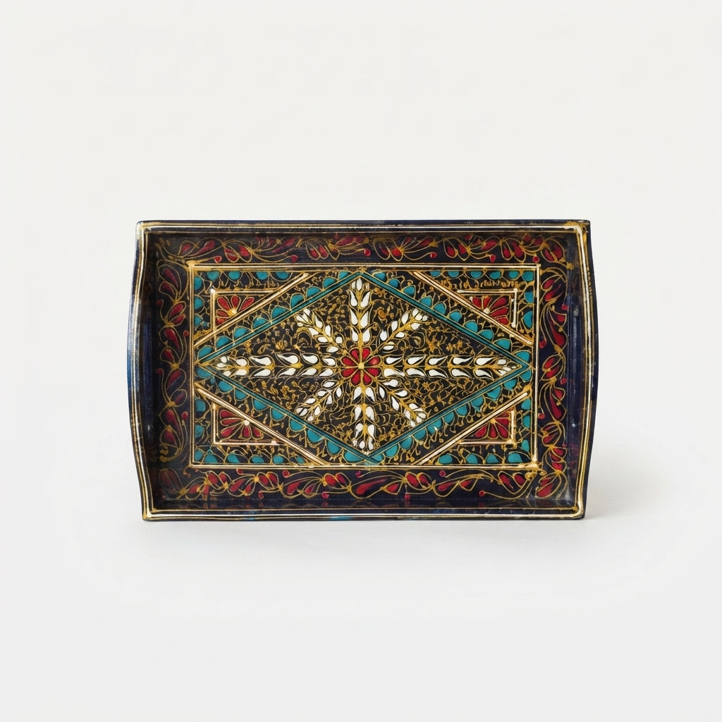 Navy Swati Wooden Tray - 8x12 Inch Hand-Painted Diamond Medallion Tray