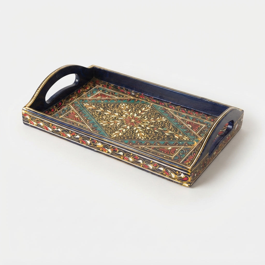 Navy Swati Wooden Tray - 8x12 Inch Hand-Painted Diamond Medallion Tray