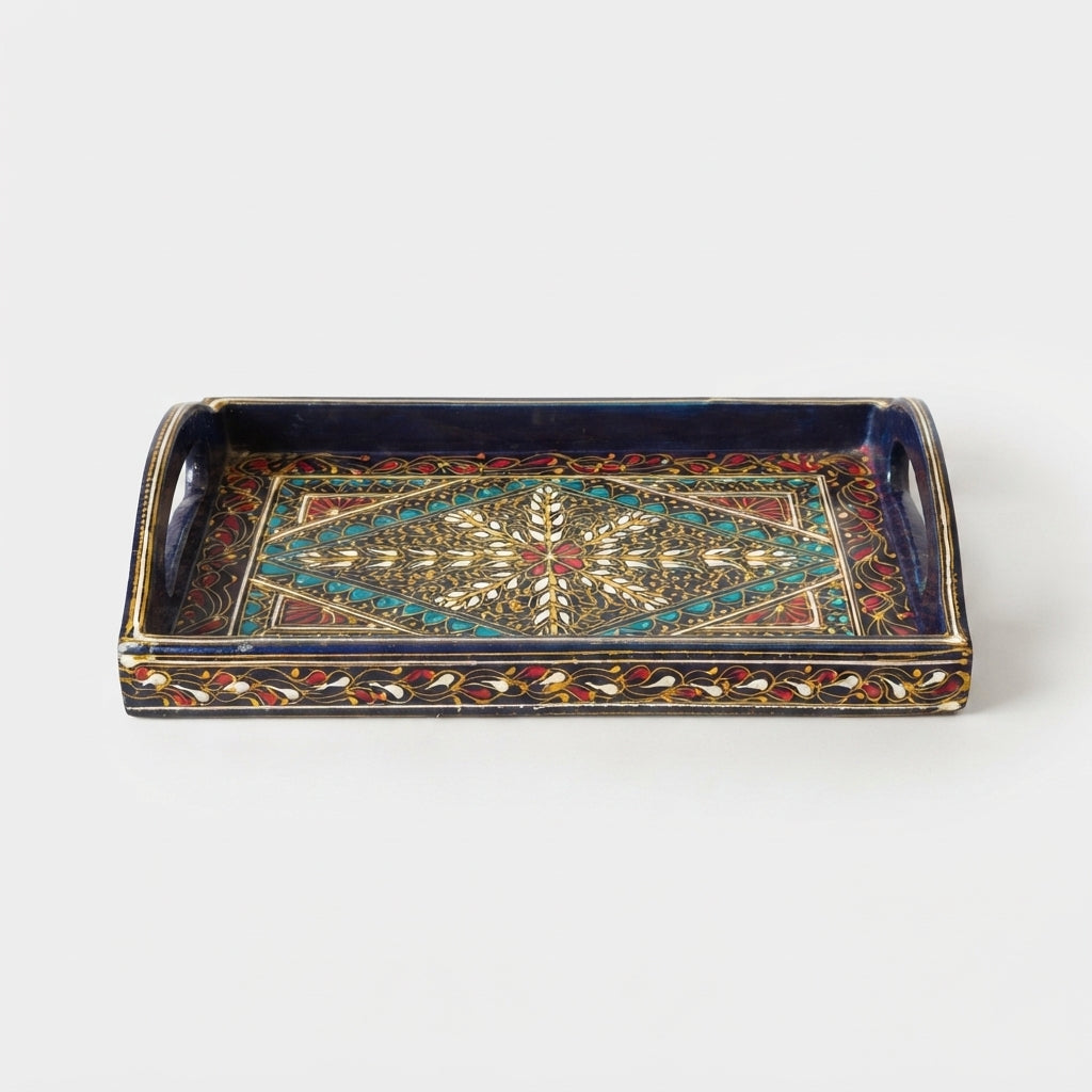 Navy Swati Wooden Tray - 8x12 Inch Hand-Painted Diamond Medallion Tray
