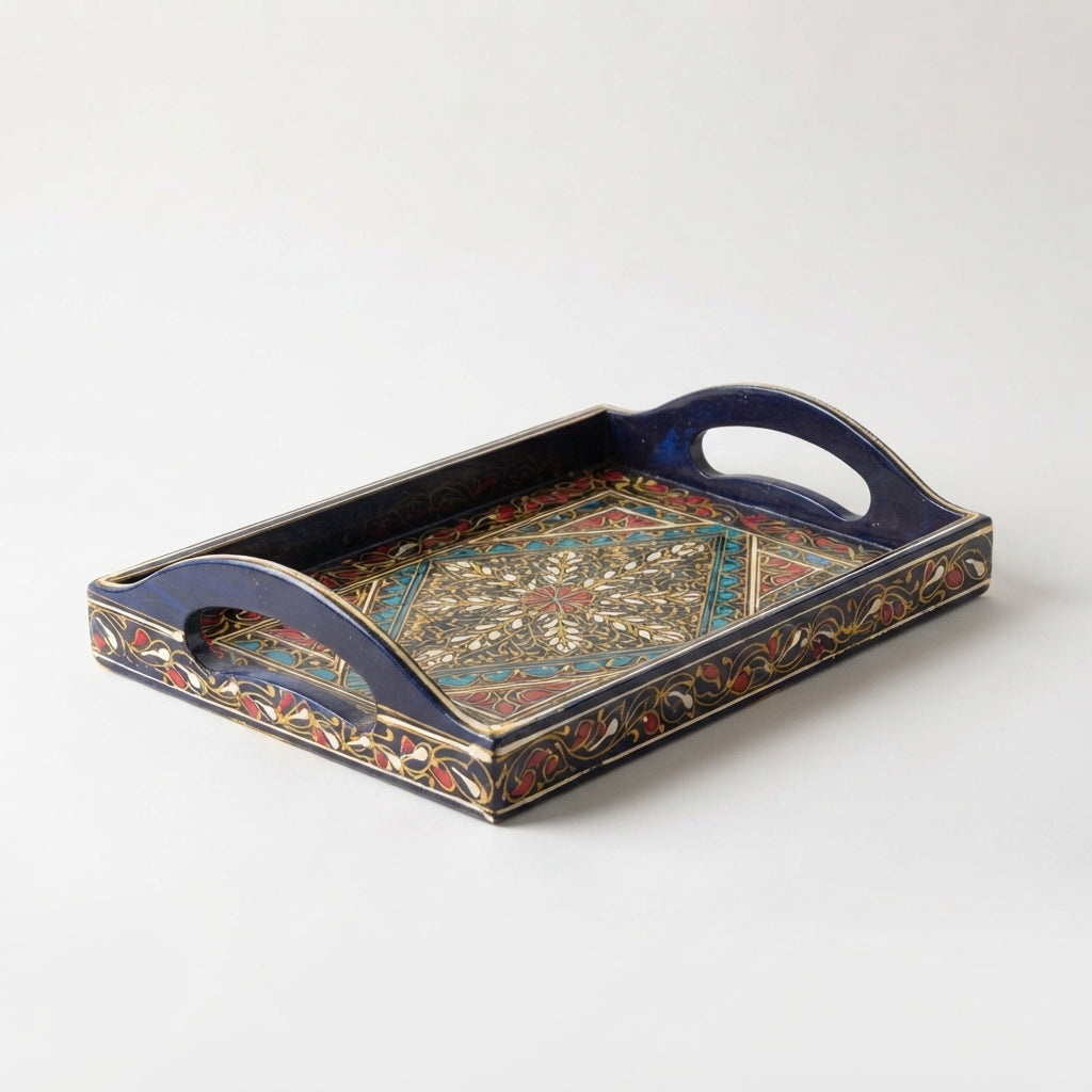 Navy Swati Wooden Tray - 8x12 Inch Hand-Painted Diamond Medallion Tray