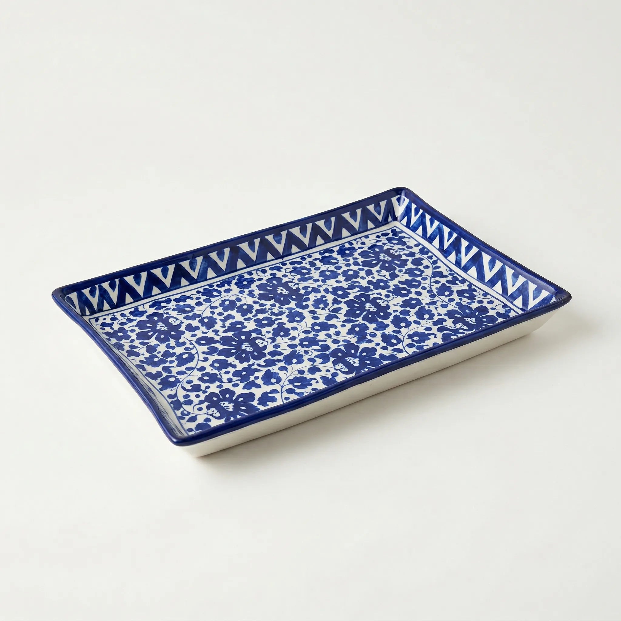 Blue Pottery Serving Tray – 10x15 Inch Hand-Painted Ceramic Dish| Serena Design