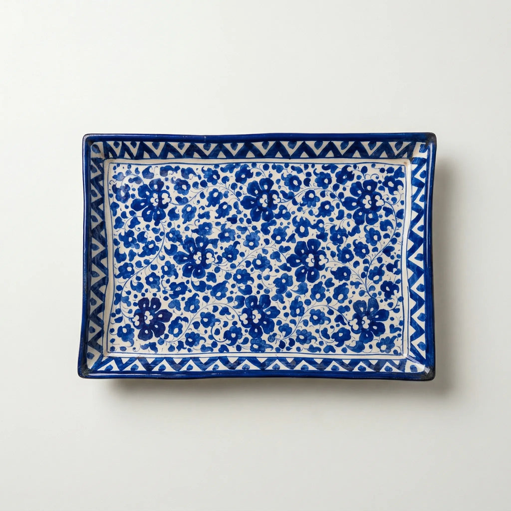 Blue Pottery Serving Tray – 10x15 Inch Hand-Painted Ceramic Dish| Serena Design