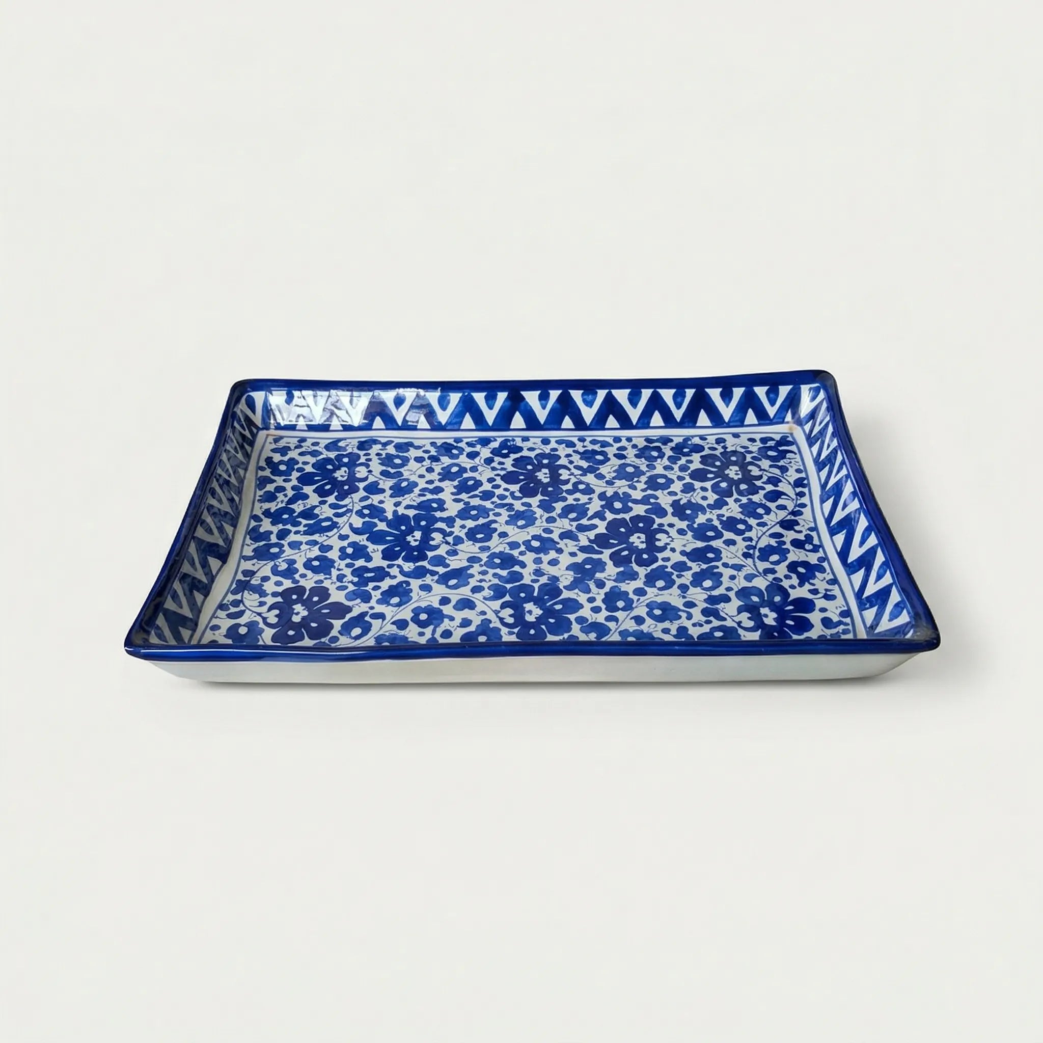 Blue Pottery Serving Tray – 10x15 Inch Hand-Painted Ceramic Dish| Serena Design