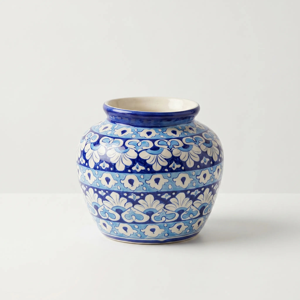 Blue Pottery Apple Vase – 9” Round Ceramic Decoration Vase