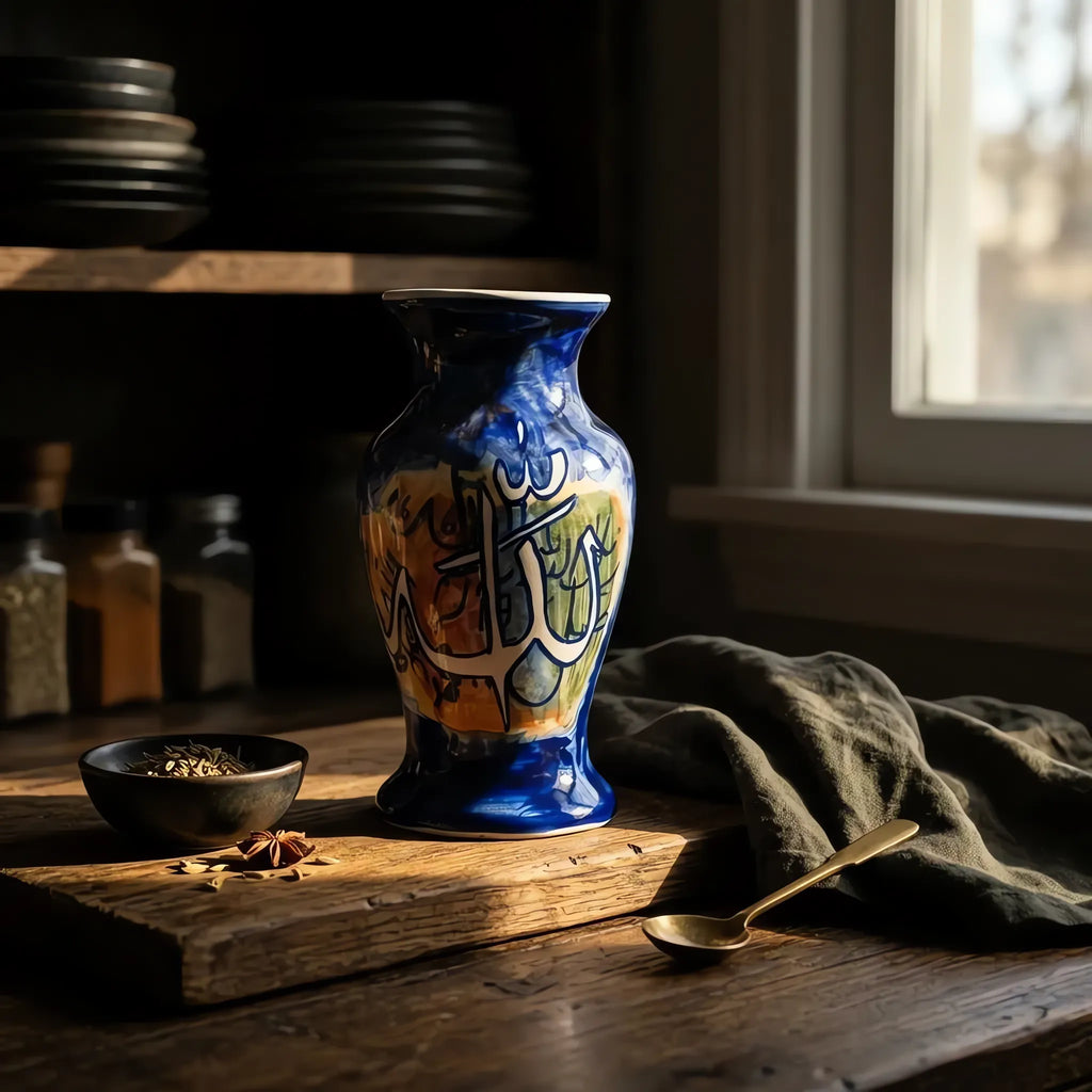 Allah Calligraphy Vase - 9 Inch Hand-Painted Multani Blue Pottery Ceramic Vase on Cobalt