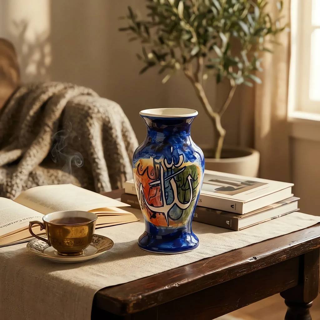 Allah Calligraphy Vase - 9 Inch Hand-Painted Multani Blue Pottery Ceramic Vase on Cobalt