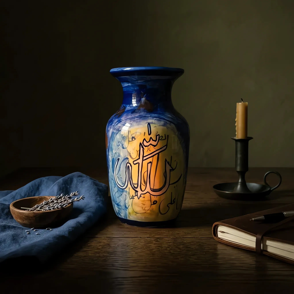Allah and Muhammad Calligraphy Vase - 9 Inch Hand-Painted Multani Blue Pottery Ceramic Vase