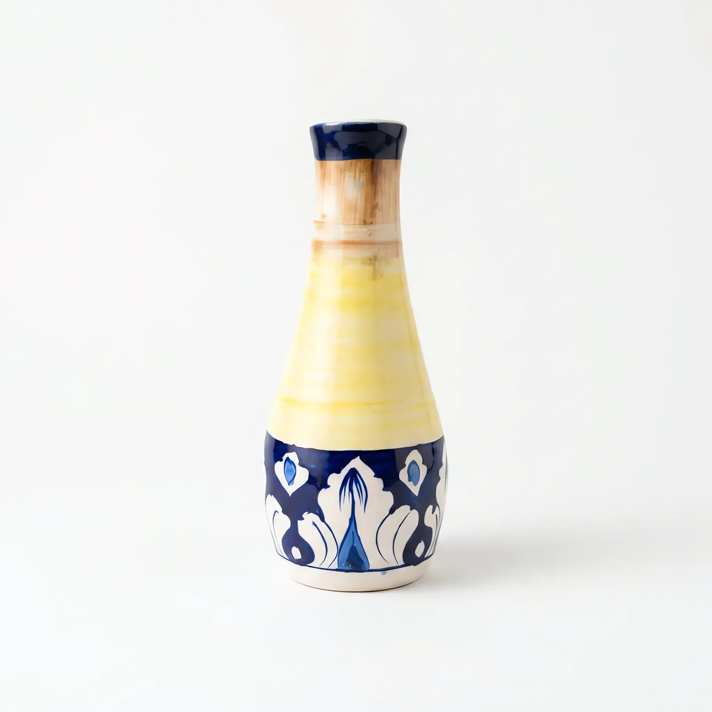 Blue Pottery Bottle Vase - 8 Inch Hand-Painted Yellow and Cobalt Ceramic Bud Vase