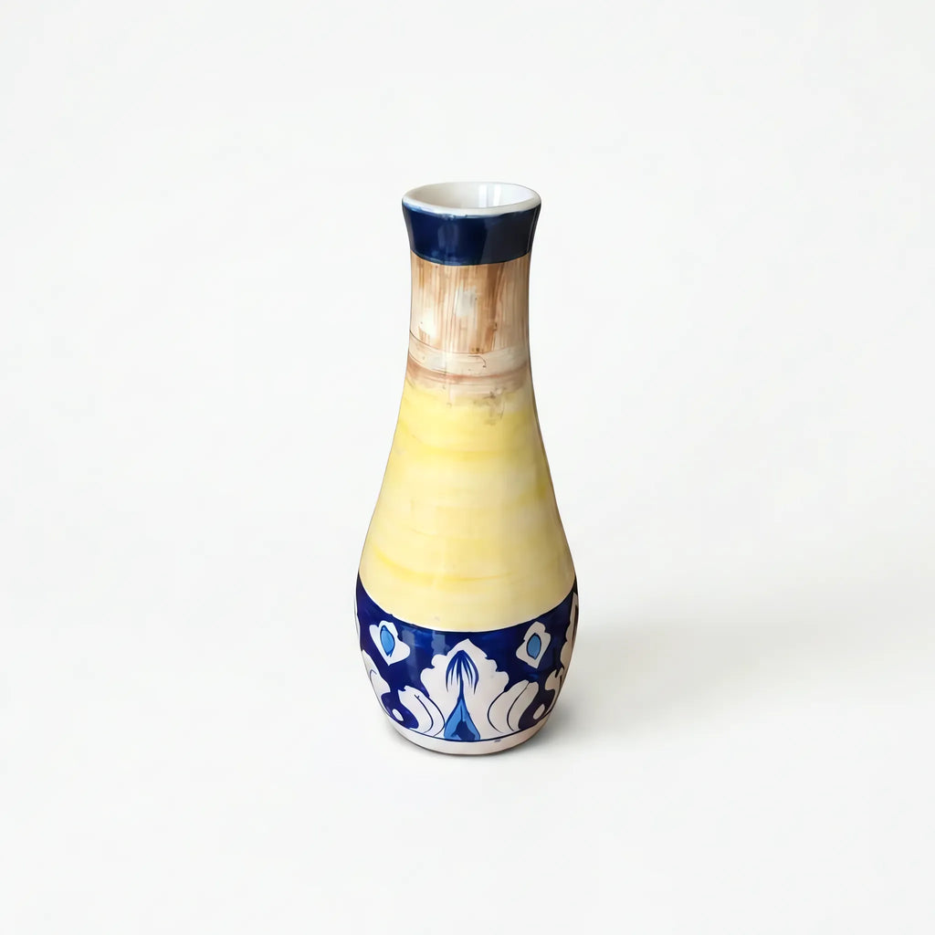 Blue Pottery Bottle Vase - 8 Inch Hand-Painted Yellow and Cobalt Ceramic Bud Vase