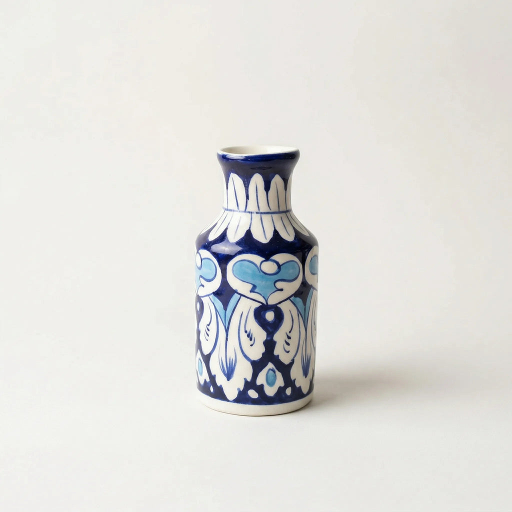 Blue Pottery Mini Bottle Vase - Heart Motif - Dark blue