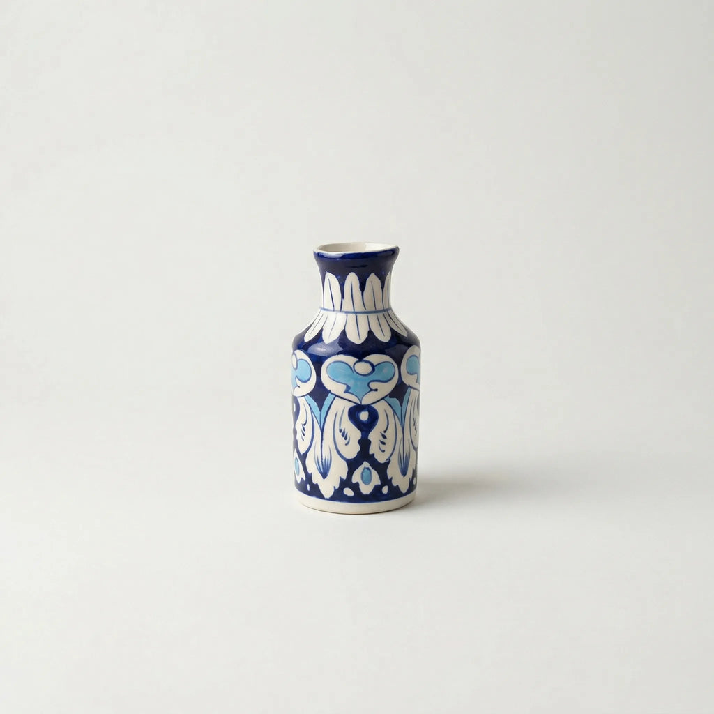 Blue Pottery Mini Bottle Vase - Heart Motif - Dark blue