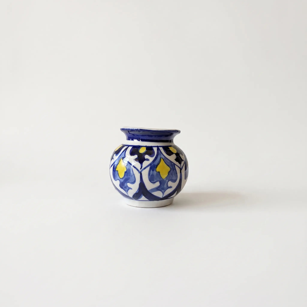 Multani Blue Pottery Mini Garwi Vase – Hand-Painted Blue & Yellow Floral Ceramic Decor (3 Inch)