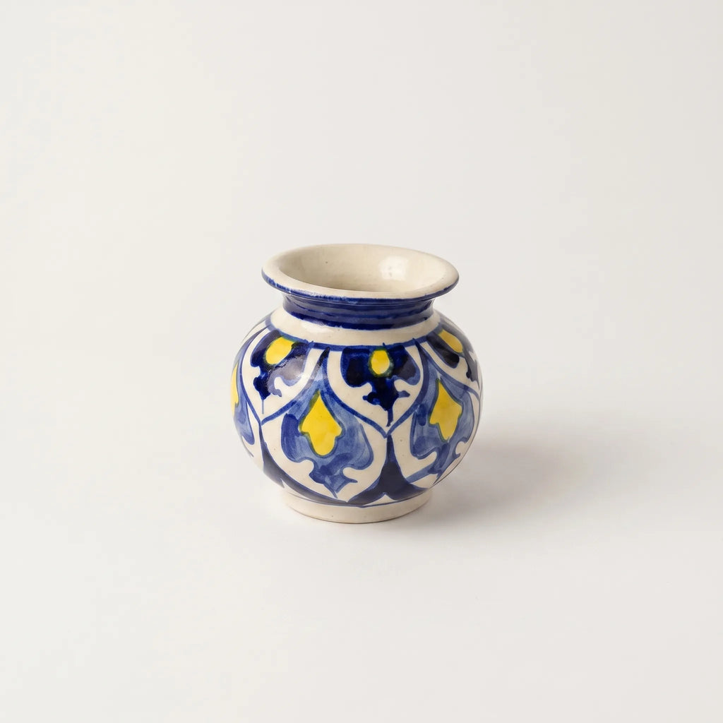 Multani Blue Pottery Mini Garwi Vase – Hand-Painted Blue & Yellow Floral Ceramic Decor (3 Inch)