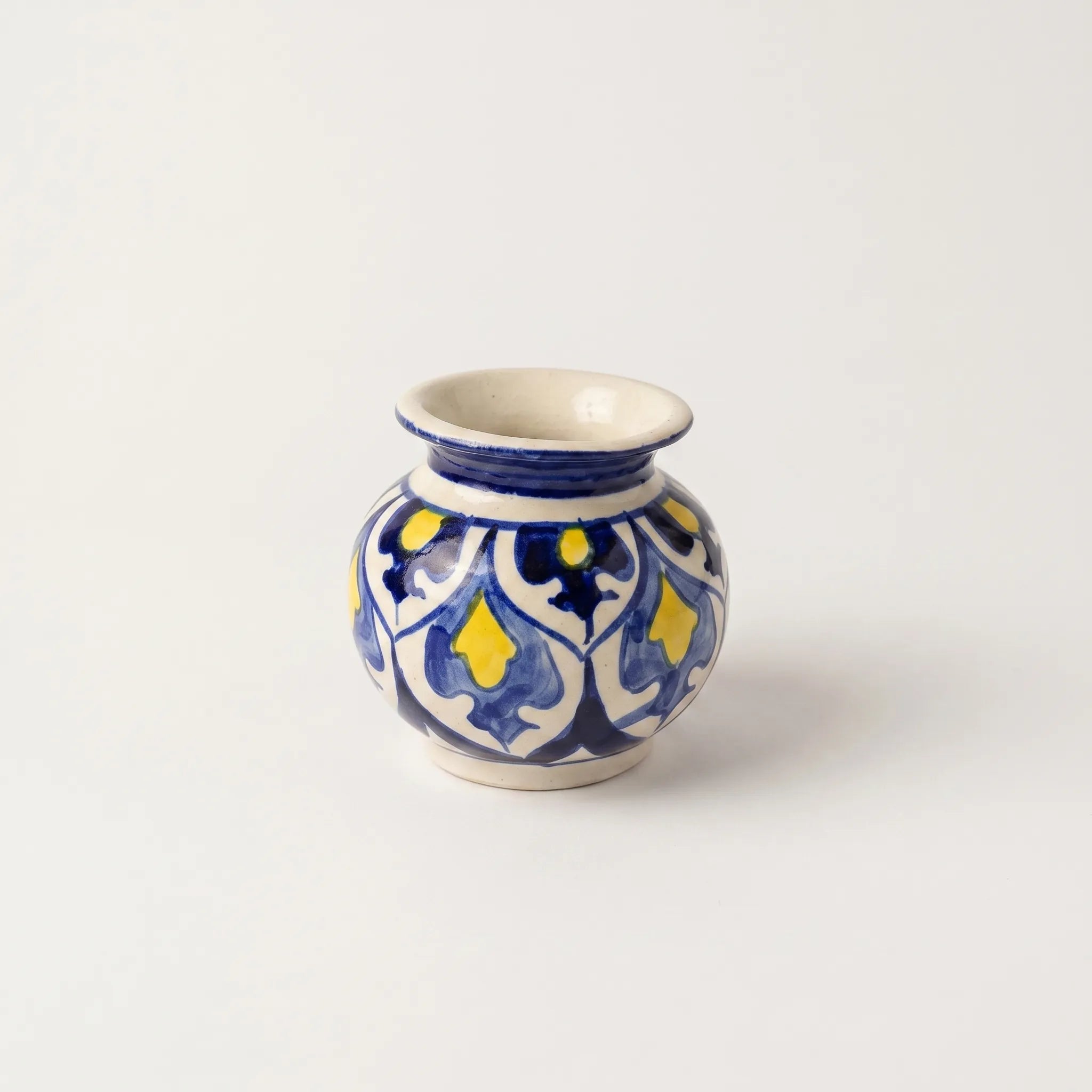 Multani Blue Pottery Mini Garwi Vase – Hand-Painted Blue & Yellow Floral Ceramic Decor (3 Inch)