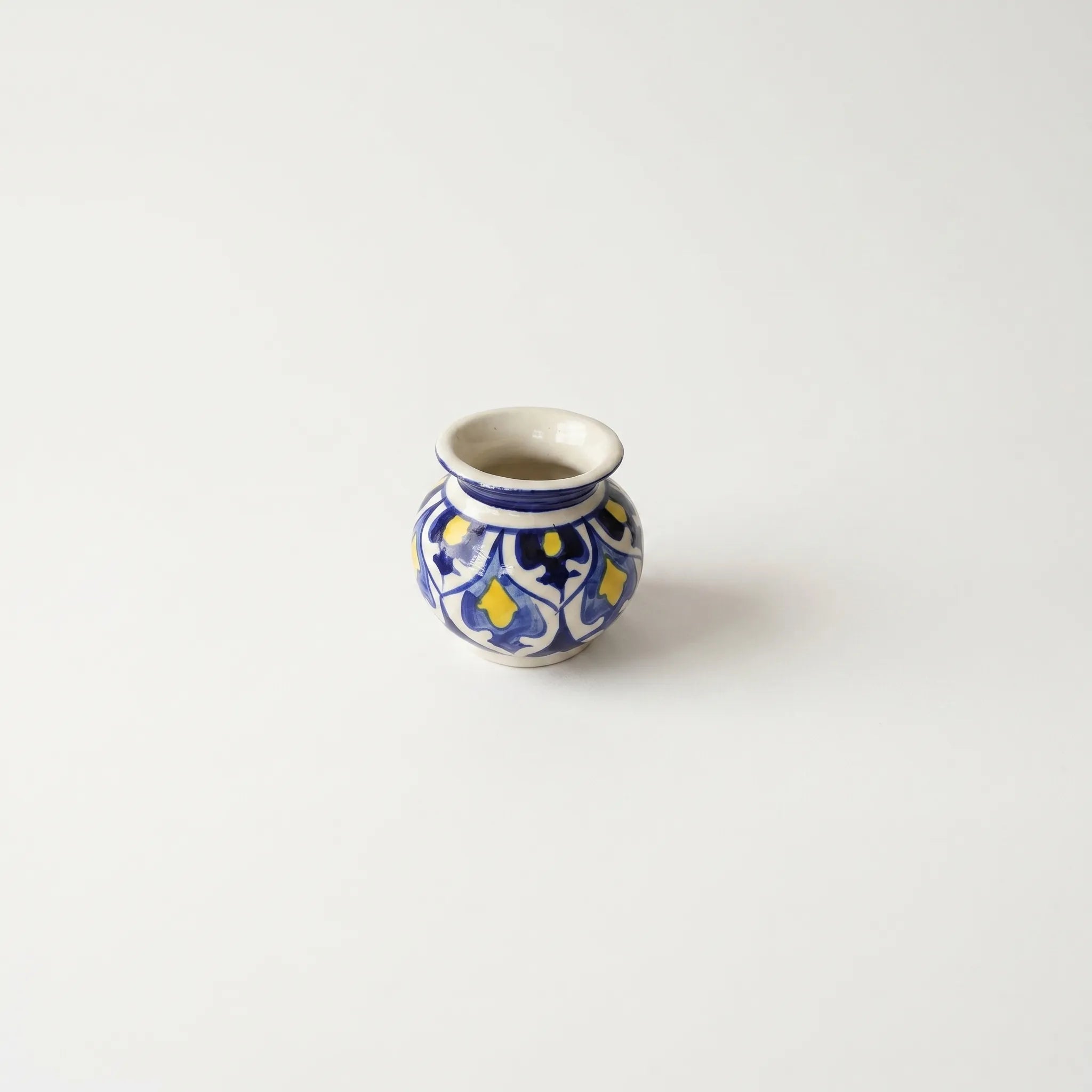 Multani Blue Pottery Mini Garwi Vase – Hand-Painted Blue & Yellow Floral Ceramic Decor (3 Inch)