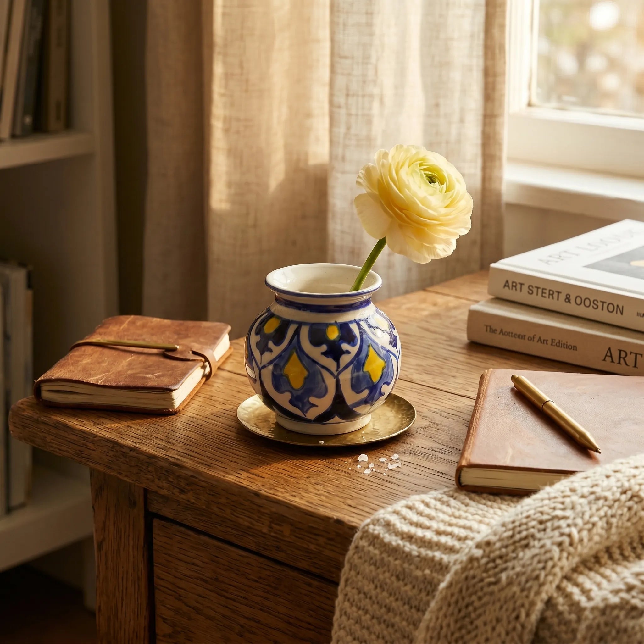 Multani Blue Pottery Mini Garwi Vase – Hand-Painted Blue & Yellow Floral Ceramic Decor (3 Inch)