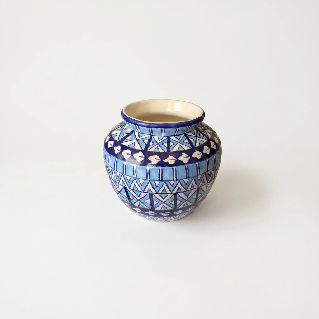 Blue Pottery Apple-Shaped Vase – 9” Hand-Painted Ceramic Decorative Vase (Geometric Stripe Design)