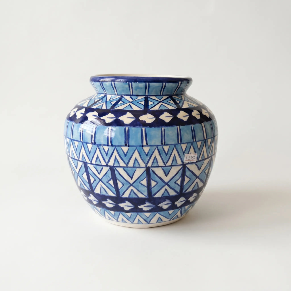 Blue Pottery Apple-Shaped Vase – 9” Hand-Painted Ceramic Decorative Vase (Geometric Stripe Design)