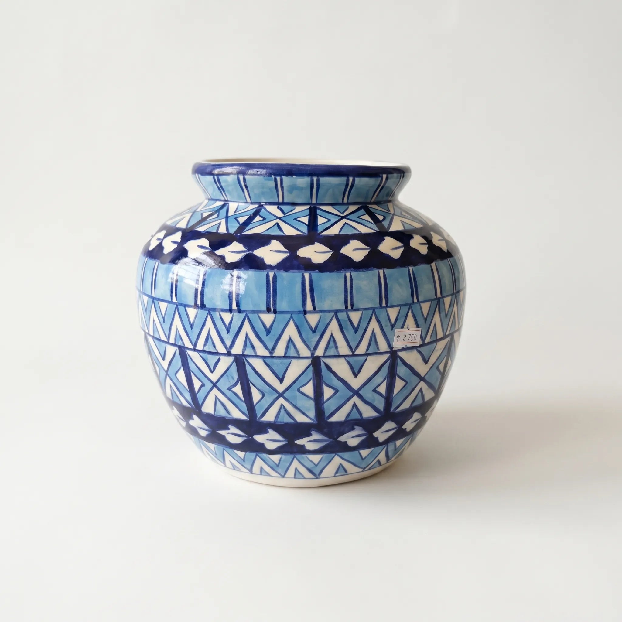 Blue Pottery Apple-Shaped Vase – 9” Hand-Painted Ceramic Decorative Vase (Geometric Stripe Design)