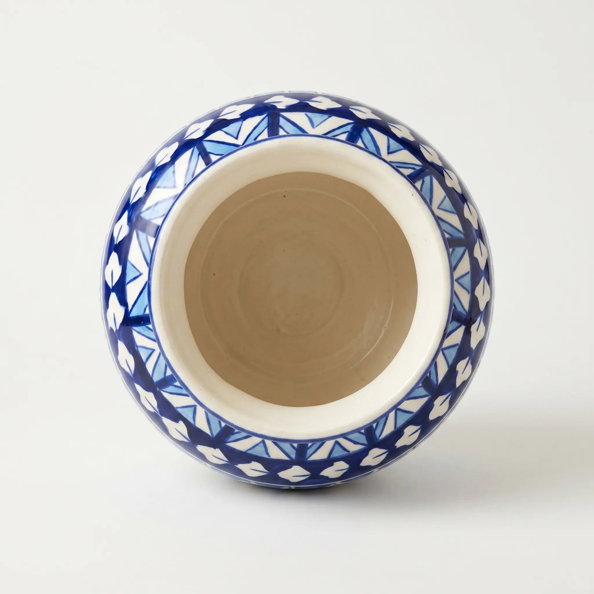 Blue Pottery Apple-Shaped Vase – 9” Hand-Painted Ceramic Decorative Vase (Geometric Stripe Design)