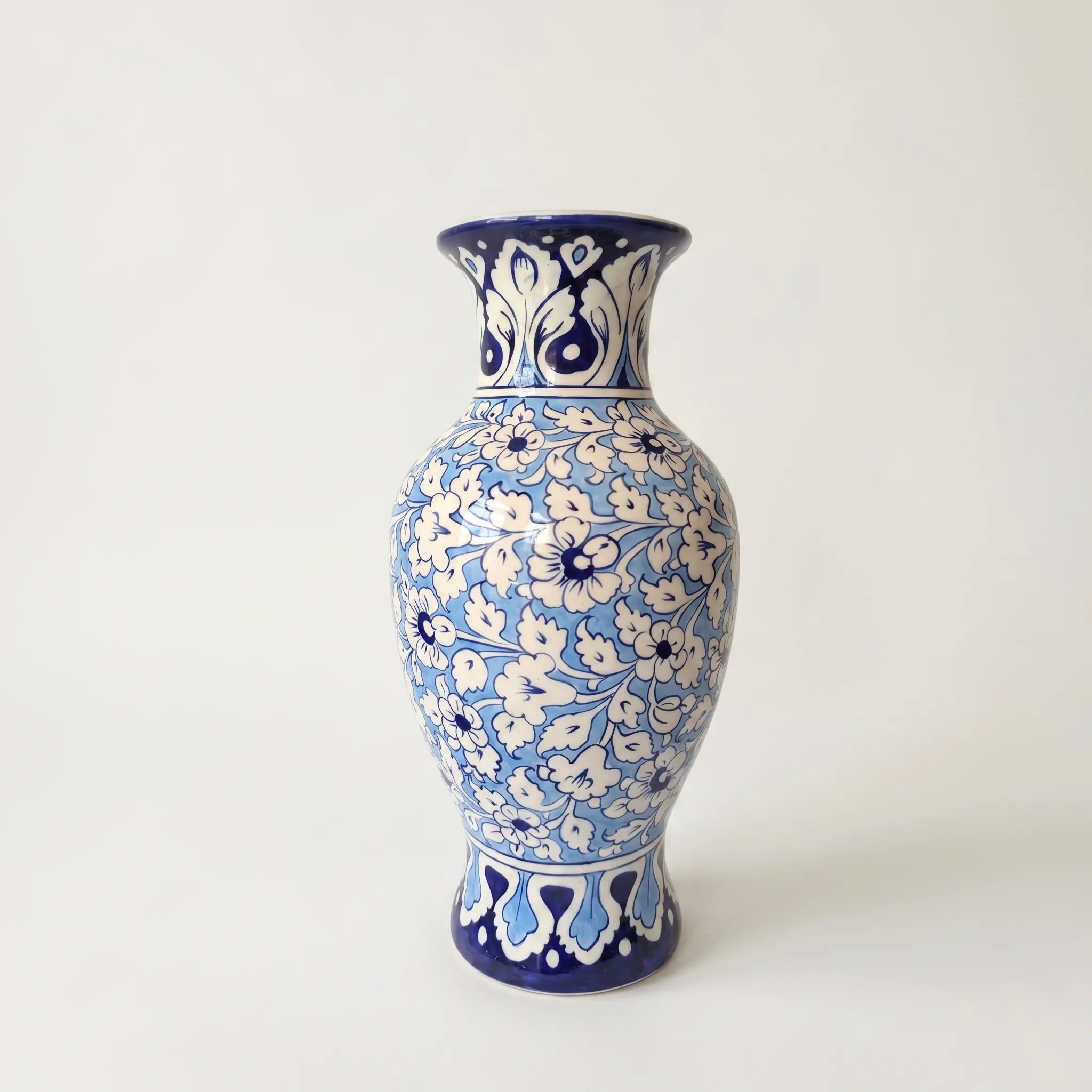 Large Blue Pottery Vase – 17” Hand-Painted Ceramic Floor Vase (Floral Motif Design)