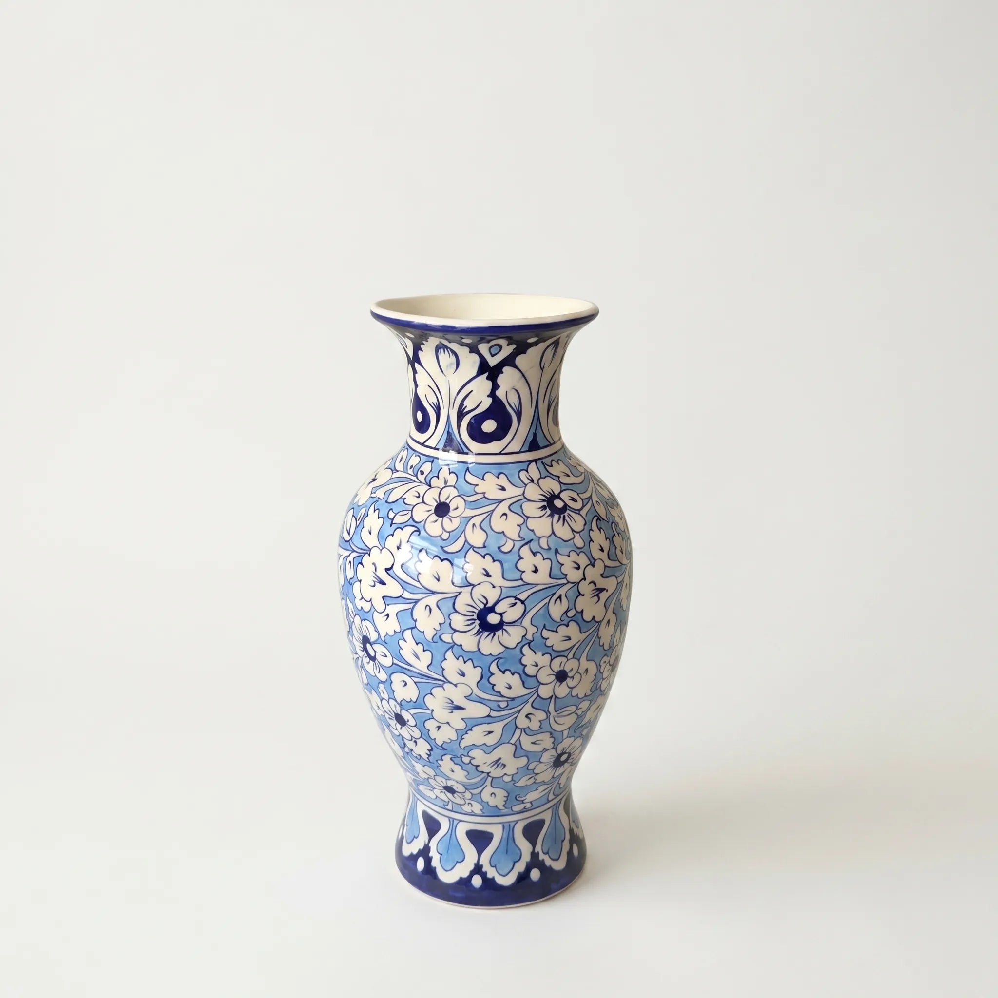 Large Blue Pottery Vase – 17” Hand-Painted Ceramic Floor Vase (Floral Motif Design)