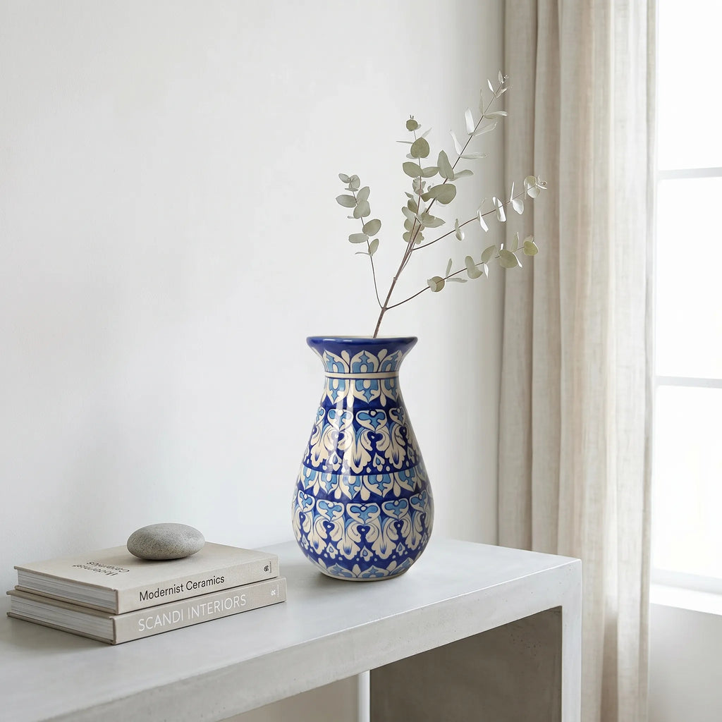 Blue Pottery Round Bottom Vase Ligh Blue- Hand-Painted Ceramic Decor