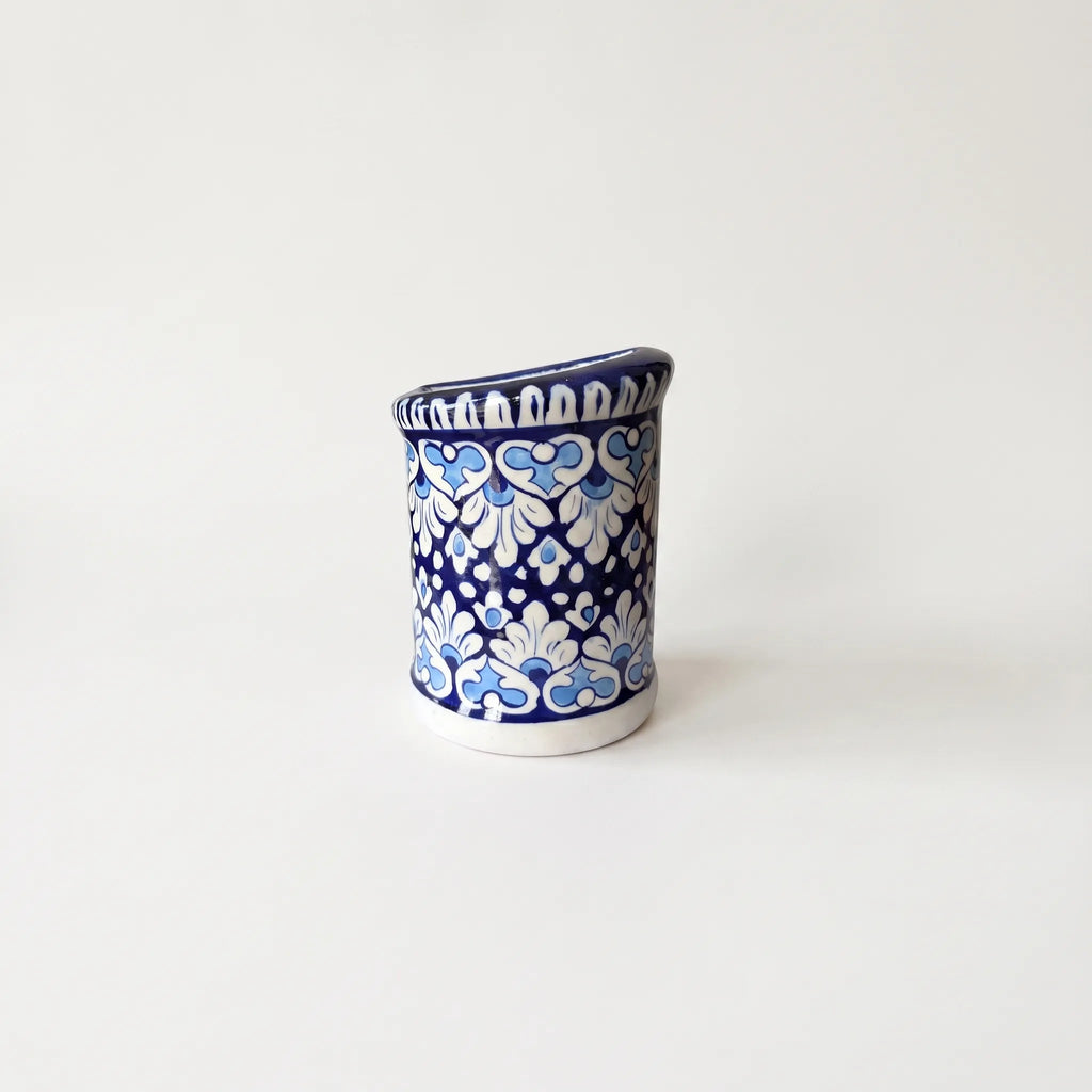 Blue Pottery Wall Planter – 7 Inch High Ceramic Hanging Planter (Slanted Rim) Light & Dark Blue