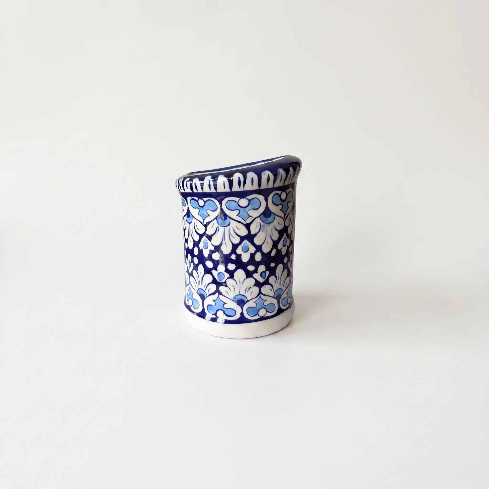 Blue Pottery Wall Planter – 7 Inch High Ceramic Hanging Planter (Slanted Rim) Light & Dark Blue
