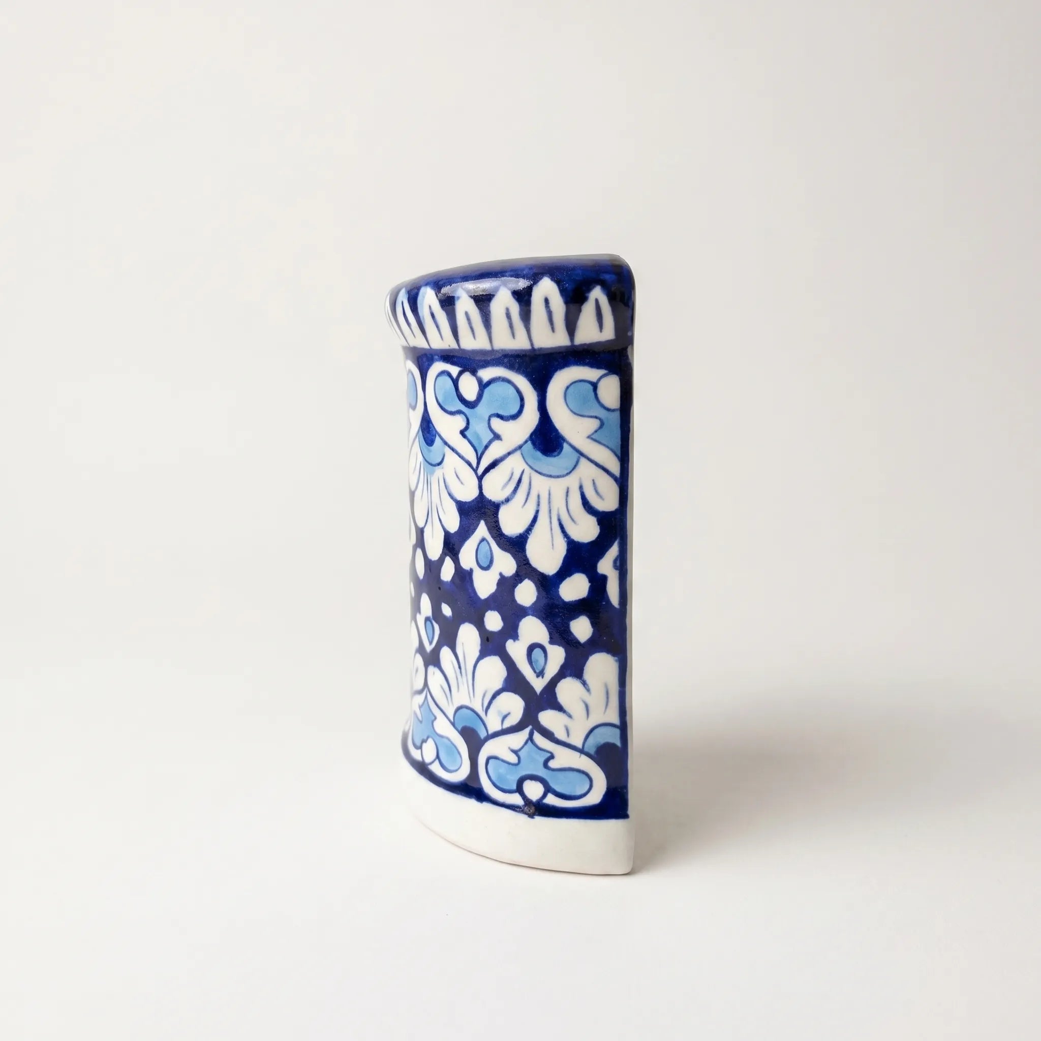 Blue Pottery Wall Planter – 7 Inch High Ceramic Hanging Planter (Slanted Rim) Light & Dark Blue