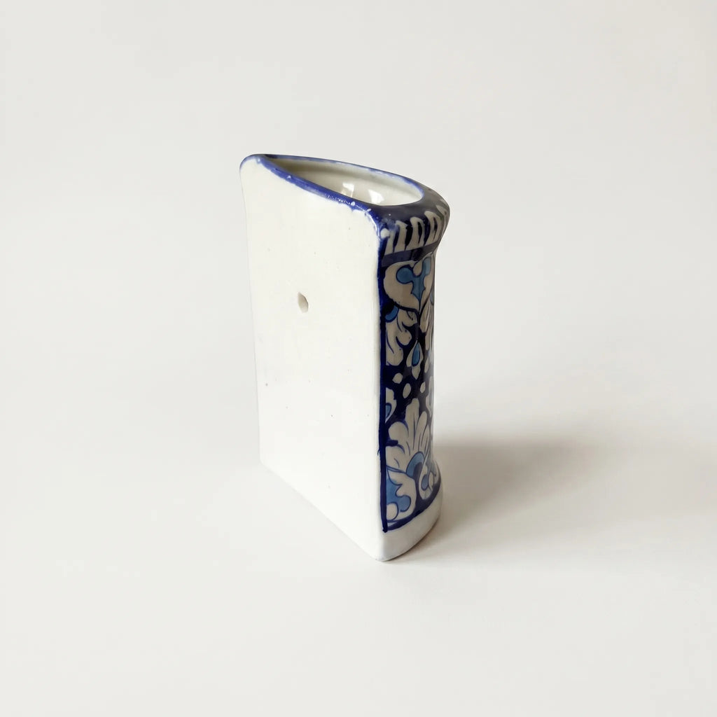 Blue Pottery Wall Planter – 7 Inch High Ceramic Hanging Planter (Slanted Rim) Light & Dark Blue
