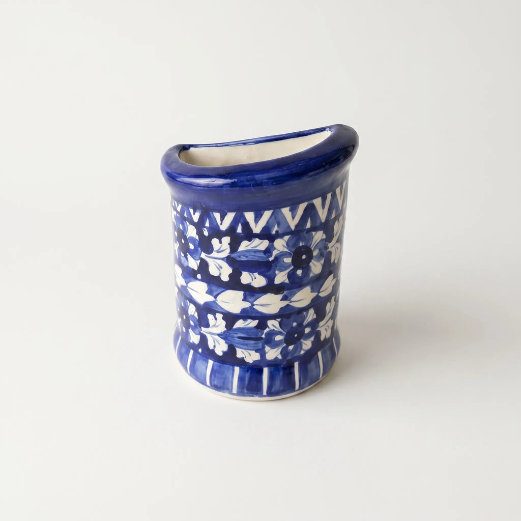Blue Pottery Wall Planter – 7 Inch High Ceramic Hanging Planter (Slanted Rim) Dark Blue