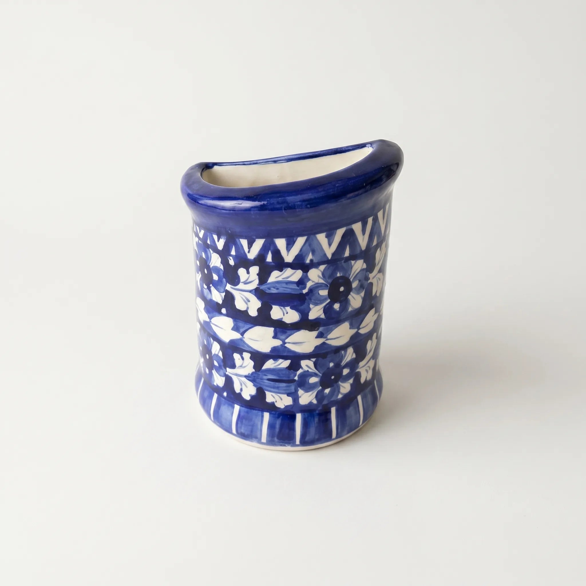 Blue Pottery Wall Planter – 7 Inch High Ceramic Hanging Planter (Slanted Rim) Dark Blue