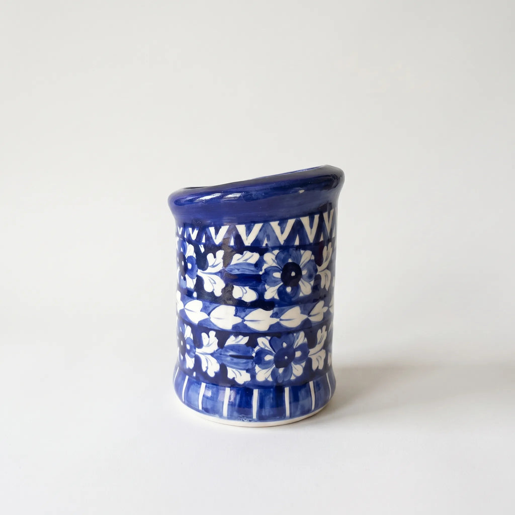 Blue Pottery Wall Planter – 7 Inch High Ceramic Hanging Planter (Slanted Rim) Dark Blue