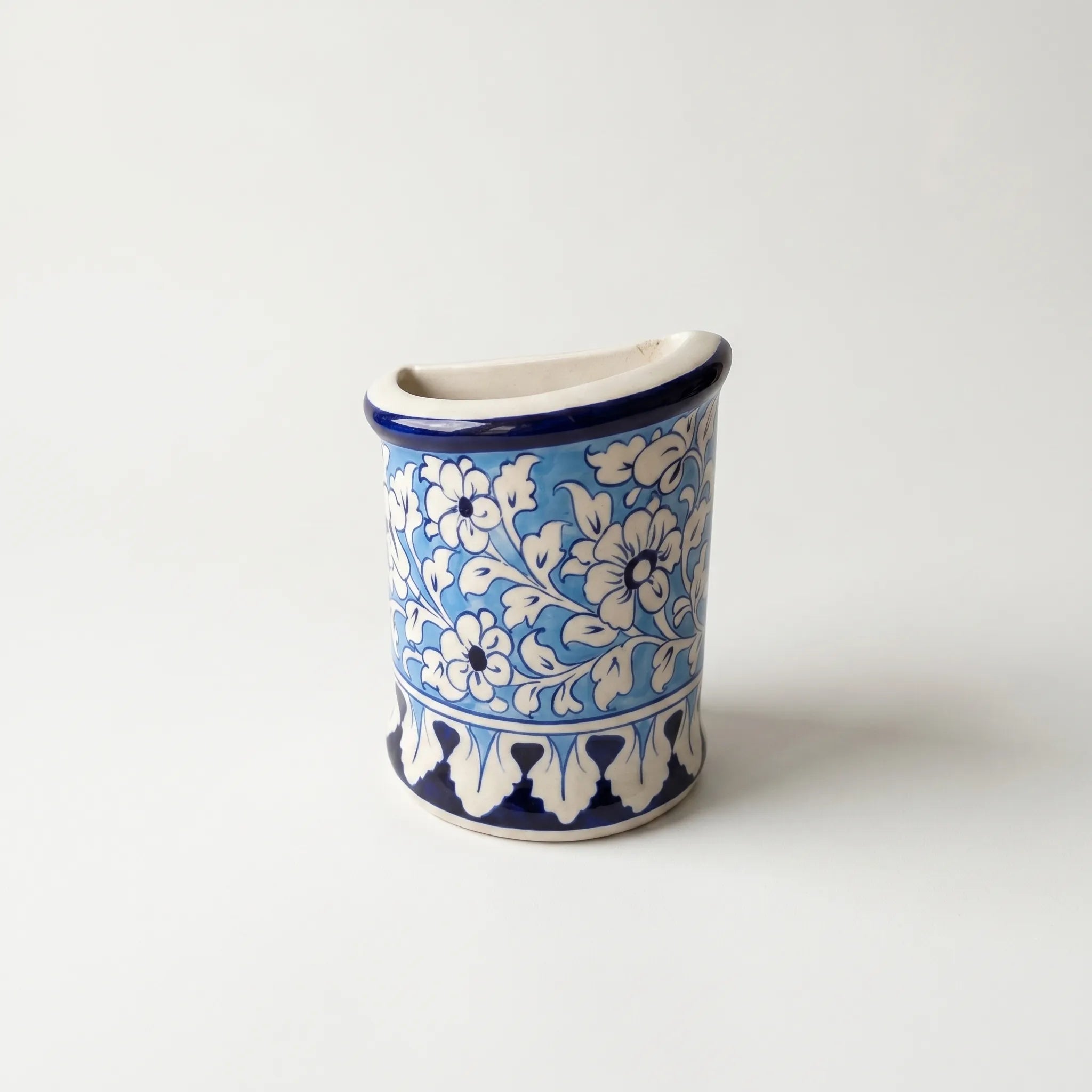 Blue Pottery Wall Planter – 7 Inch High Ceramic Hanging Planter (Slanted Rim) Light Blue (B-Grade))