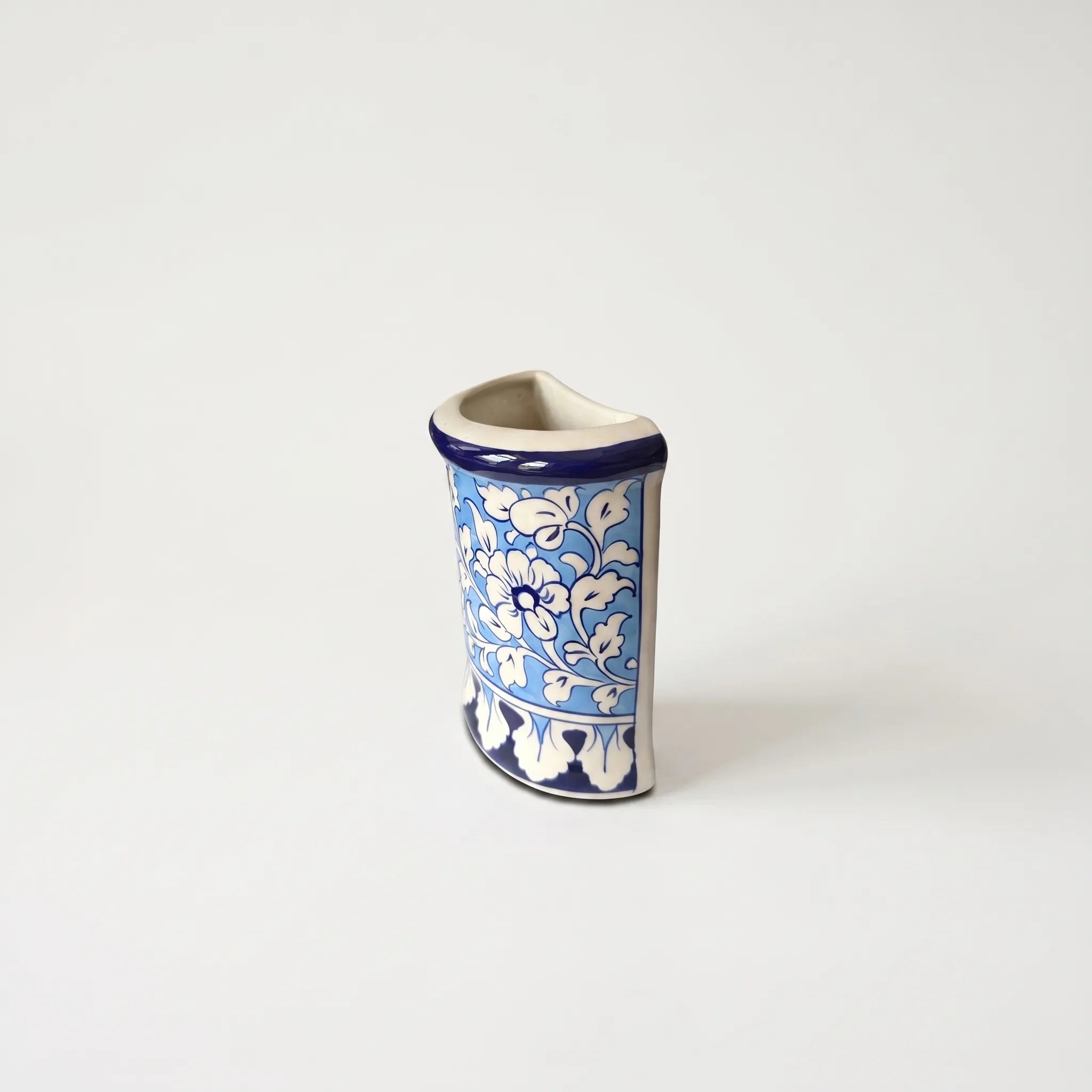 Blue Pottery Wall Planter – 7 Inch High Ceramic Hanging Planter (Slanted Rim) Light Blue (B-Grade))
