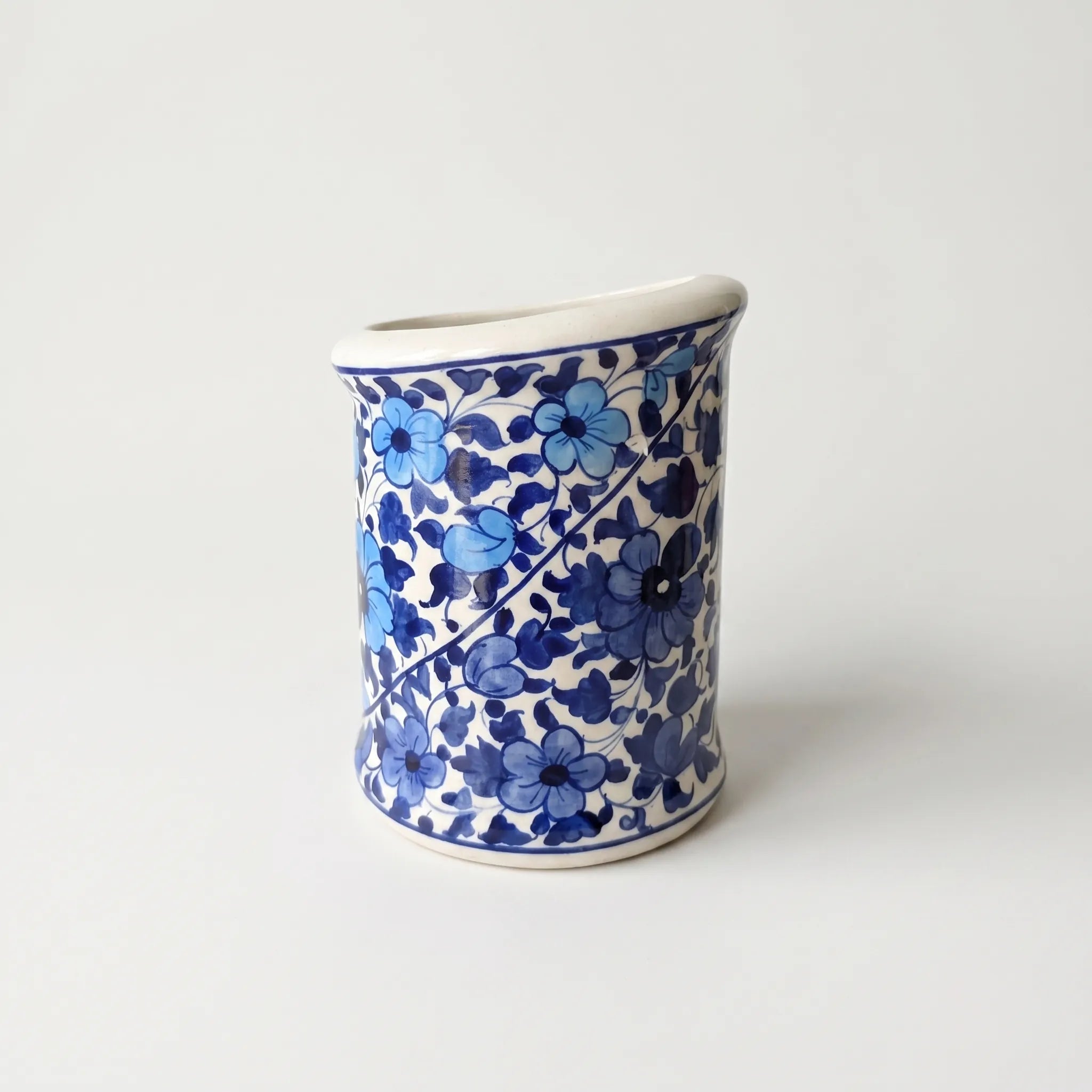 Blue Pottery Wall Planter – 7 Inch High Ceramic Hanging Planter (Slanted Rim) Light and Dark Blue