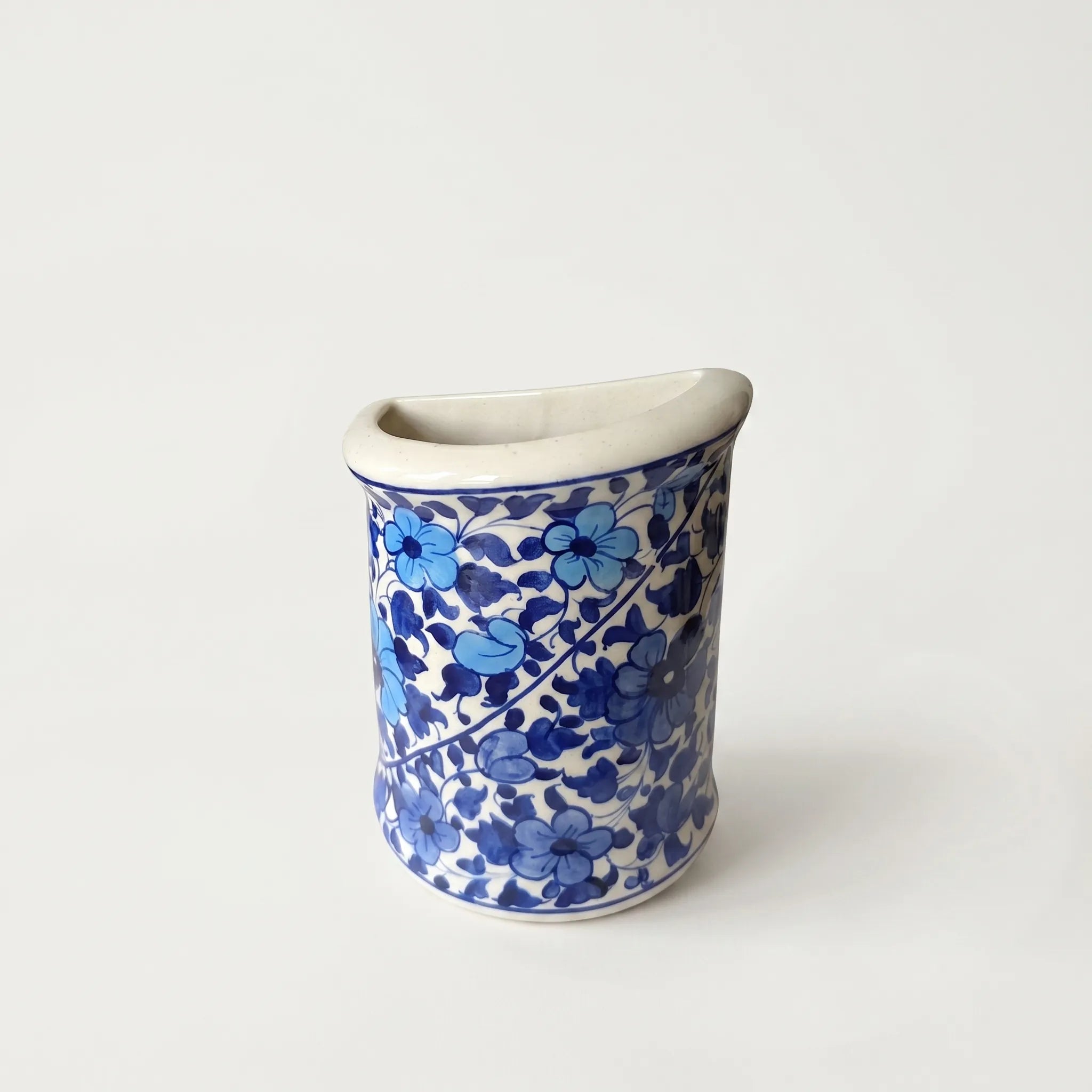 Blue Pottery Wall Planter – 7 Inch High Ceramic Hanging Planter (Slanted Rim) Light and Dark Blue