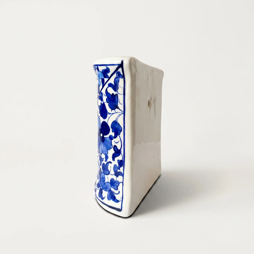 Blue Pottery Wall Planter – 7 Inch High Ceramic Hanging Planter (Slanted Rim) Light and Dark Blue