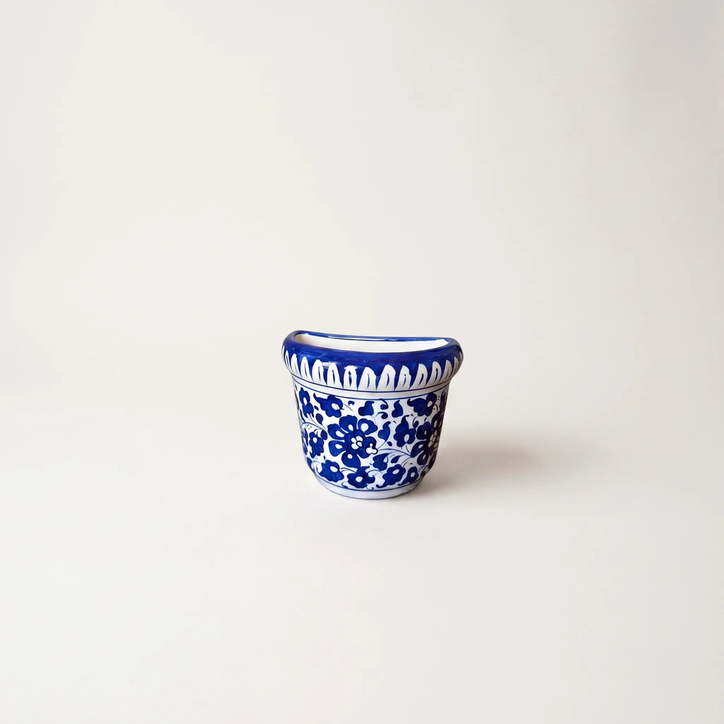 Blue Pottery Wall Planter - 5 Inch Multani Ceramic (Cobalt Blossom on White)