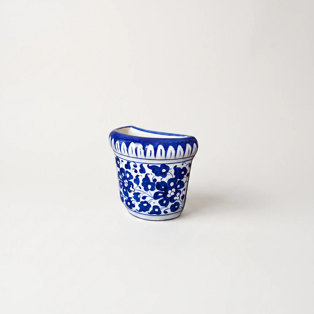Blue Pottery Wall Planter - 5 Inch Multani Ceramic (Cobalt Blossom on White)