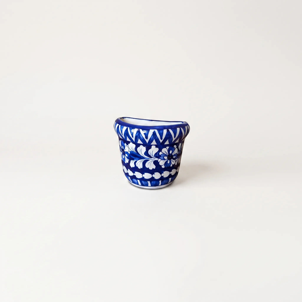 Blue Pottery Wall Planter - 5 Inch Multani Ceramic (Chevron & Floral Bands)