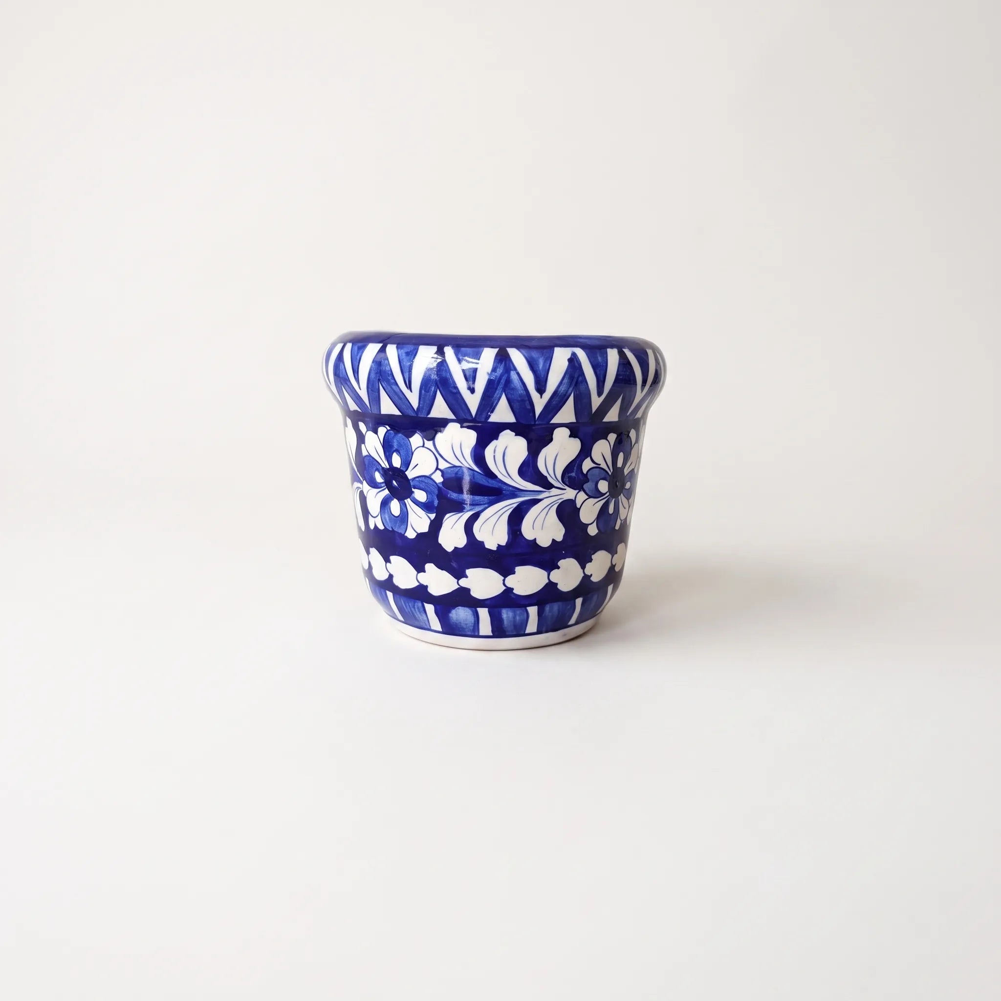 Blue Pottery Wall Planter - 5 Inch Multani Ceramic (Chevron & Floral Bands)