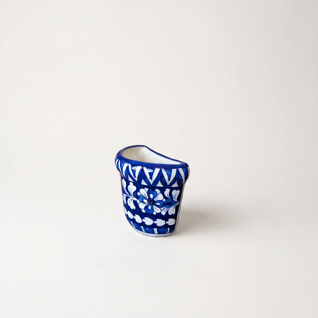 Blue Pottery Wall Planter - 5 Inch Multani Ceramic (Chevron & Floral Bands)