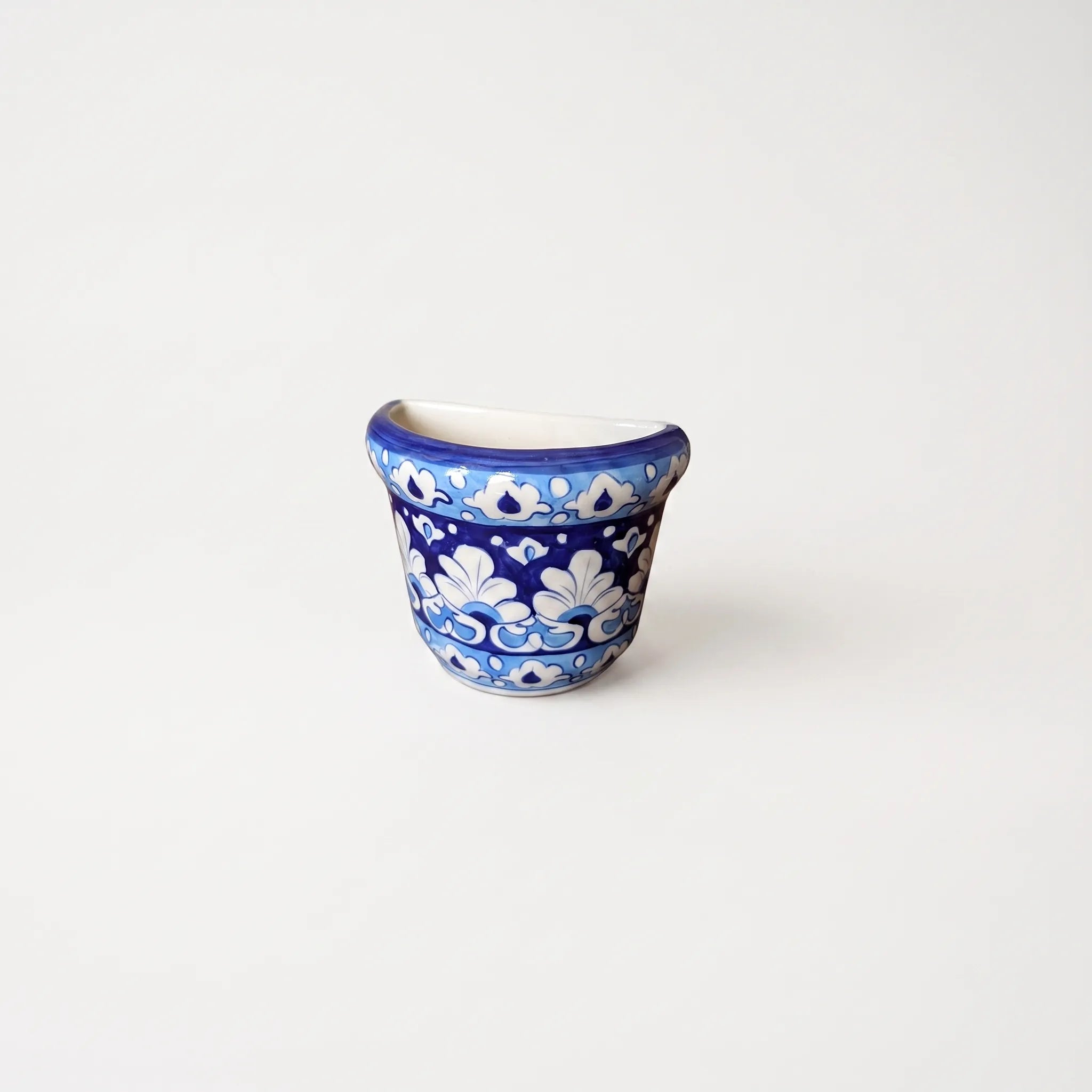 Blue Pottery Wall Planter - 5 Inch Multani Ceramic (Sky Blue Fan-Leaf Bands)