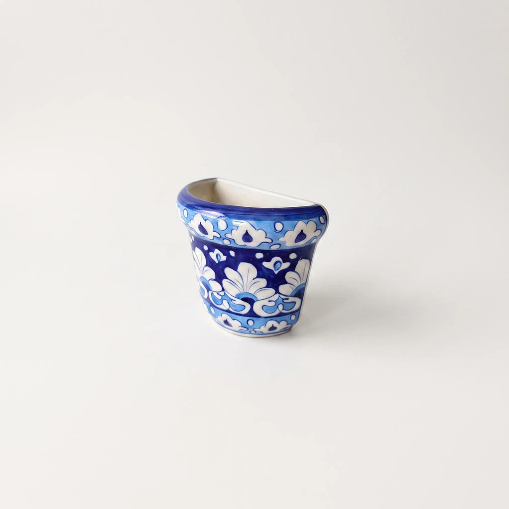 Blue Pottery Wall Planter - 5 Inch Multani Ceramic (Sky Blue Fan-Leaf Bands)