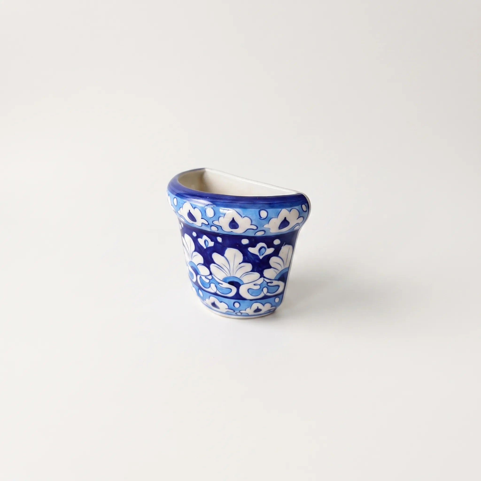 Blue Pottery Wall Planter - 5 Inch Multani Ceramic (Sky Blue Fan-Leaf Bands)